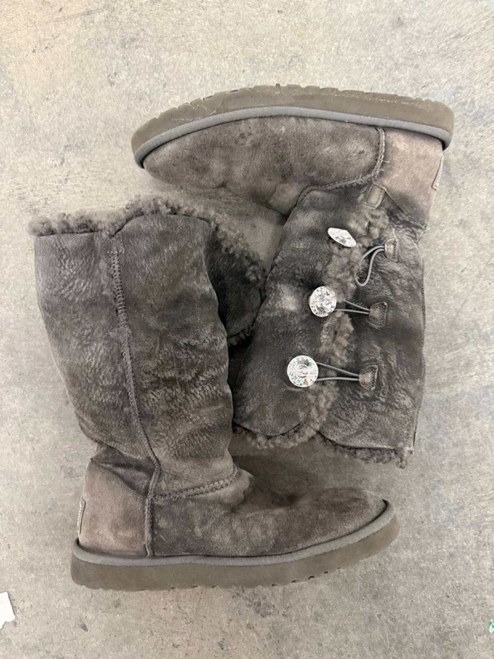 UGG Grey Suede Shearling Button Mid-Calf Boots